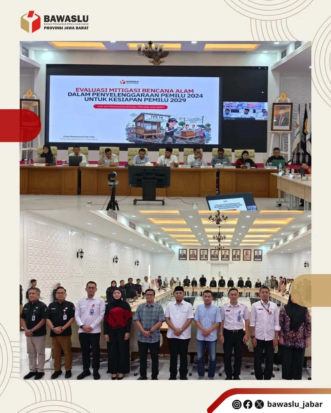 Ketua Bawaslu Provinsi Jawa Barat, Zacky Muhammad Zam Zam, menyampaikan pandangan mengenai pentingnya mitigasi bencana dalam penyelenggaraan pemilu pada Diskusi Evaluasi Mitigasi Bencana Alam Provinsi Jawa Barat untuk Kesiapan Pemilu 2029 di Aula KPU Provinsi Jawa Barat, Rabu (3/6/2026).